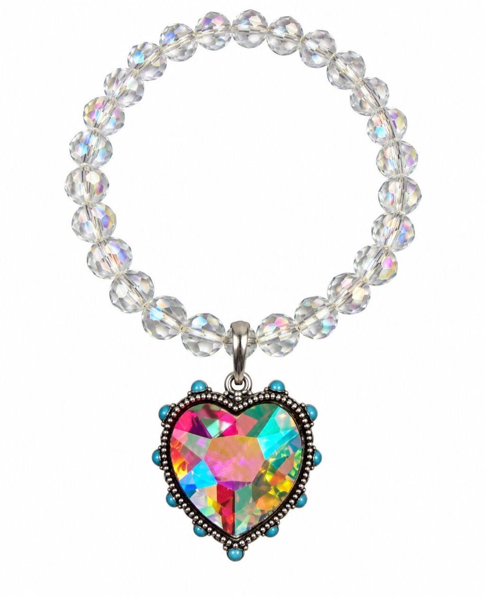 Iridescent Crystal Beaded Stretch Bracelet Multicolor Heart Pendant